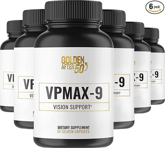 Golden After 50 VpMax-9 - Sight Care and Antioxidant Supplement with Eye Vitamins, Lutein, Lycopene and Bilberry Extract - 6 Bottles