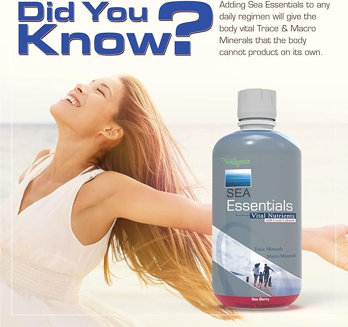 Wellgenix Sea Essentials Coral Calcium Liquid Vitamin for High Absorption - Nutritional Multivitamin Supplement - Sea Berry Flavor (32 oz) (1 Pack)