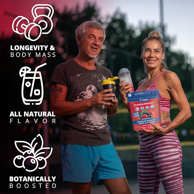 FundAminos Blend - 100% Organic & Vegan EAA & BCAA Powder for 400% Greater Lean Muscle, Faster Recovery & Strength Vs. Protein Powder - Clinically Tested Post Workout - Real Superfruits - 60 Servings