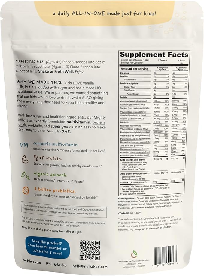 Vanilla Mighty Milk - Kids All-in-One Daily Protein Powder & Multivitamin Boosted with 2 Billion Probiotics & Organic Spinach - Natural Flavors, Colors & Sweeteners - 15-30 Servings