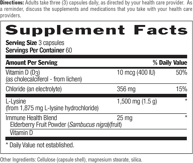 Country Life L-Lysine 1500mg Capsules with Vitamin D & Elderberry – Advanced Immune Support and Collagen Renewal – Certified Gluten-Free & Vegan – 180 Capsules