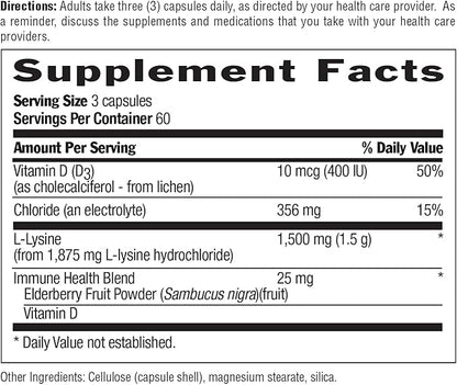 Country Life L-Lysine 1500mg Capsules with Vitamin D & Elderberry – Advanced Immune Support and Collagen Renewal – Certified Gluten-Free & Vegan – 180 Capsules