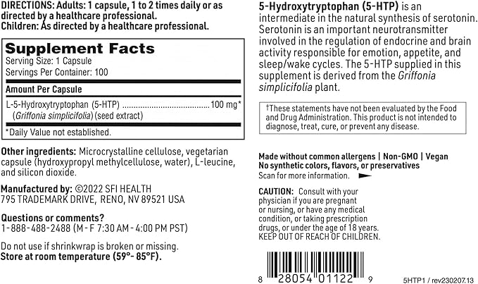 Klaire Labs 5-HTP 100 mg - Hypoallergenic 5-HTP from Griffonia Seed Extract (5-HTP) - Hydroxytryptophan Serotonin Support Supplement to Promote Mood (100 Capsules)