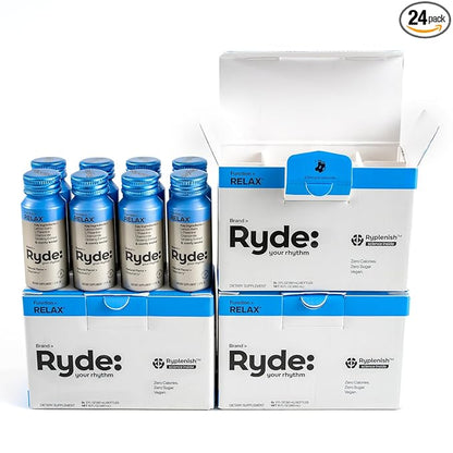 Ryde: Relax Shot | Raspberry Flavor | Lemon Balm, L-Theanine, Ginseng & Chamomile |0 Calories, 0 Sugar | 2 FL OZ Shots | Helps You Relax* (24 Pack)