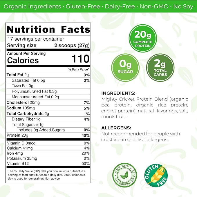 Mighty Cricket Protein Powder. 20g Clean Prebiotic Cricket Protein. No Sugar, Low Carbs, Gluten & Dairy Free. Keto & Paleo, 100% Natural Ingredients. Vanilla, 1 lb (Pack of 1)