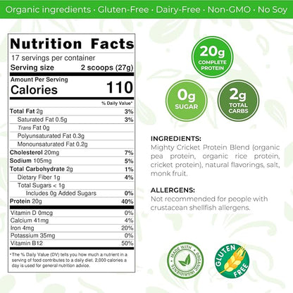 Mighty Cricket Protein Powder. 20g Clean Prebiotic Cricket Protein. No Sugar, Low Carbs, Gluten & Dairy Free. Keto & Paleo, 100% Natural Ingredients. Vanilla, 1 lb (Pack of 1)