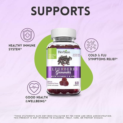 Herbion Elderberry Gummies with Vitamin C & Zinc - Healthy Immune System Support - Gluten-Free & Gelatin-Free - 60 Gummies for Adults & Children 4 Years & Above - Made in USA.