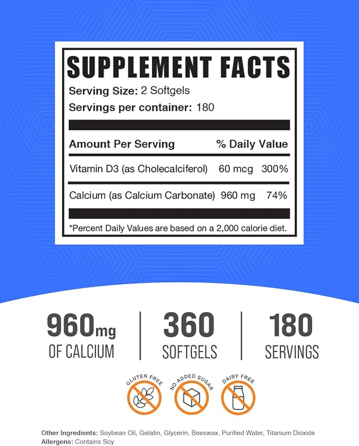 BulkSupplements.com Calcium Carbonate & Vitamin D3 Softgels - Calcium and Vitamin D3, Calcium & D3 Supplement for Immune Support - Gluten Free, 2 Softgels per Serving, 360 Count (Pack of 1)