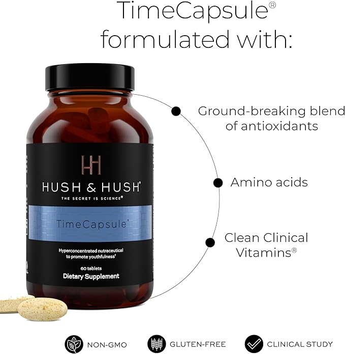 Hush & Hush TimeCapsule Multivitamin, Women's Multivitamin, Men's Multivitamin, Clean Nutraceuticals Supplements That Contains Hyaluronic Acid, Vitamin C, Zinc, Vitamin B12, Vitamin E - 60 Tablets