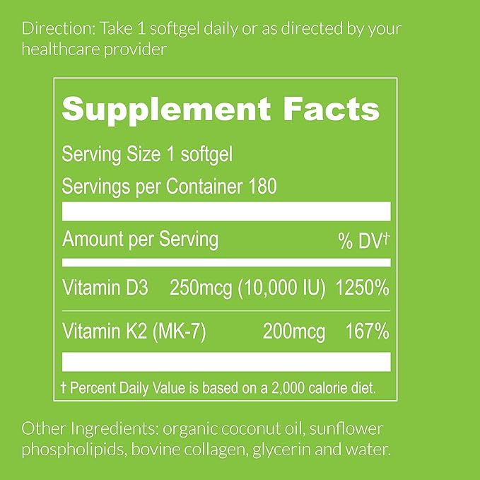 UpNourish Liposomal D3 K2 Vitamin 10000 IU D3 and K2 MK-7 200 mcg - 180 Vitamin D3 k2 (Vitamina D3 con K2) Mini Softgels - Easy to Swallow K2 D3 Vitamin Supplement