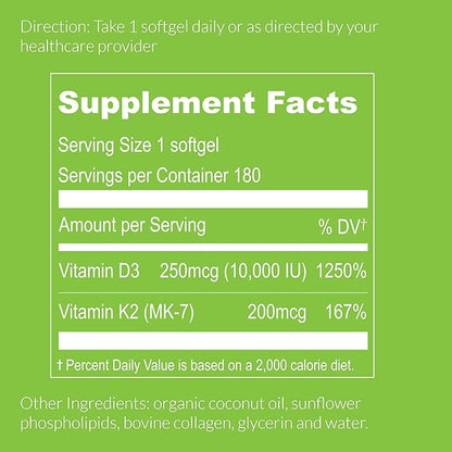 UpNourish Liposomal D3 K2 Vitamin 10000 IU D3 and K2 MK-7 200 mcg - 180 Vitamin D3 k2 (Vitamina D3 con K2) Mini Softgels - Easy to Swallow K2 D3 Vitamin Supplement