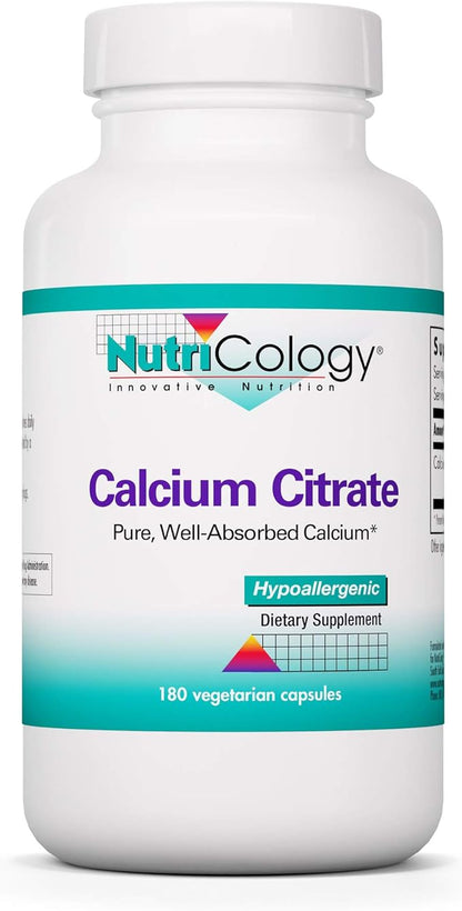 Nutricology Calcium Citrate - Pure Calcium, Bone Strength, Well-Absorbed, Without Vitamin D, Calcium Only, 150mg Supplement, Vegetarian Capsules - 180 Count