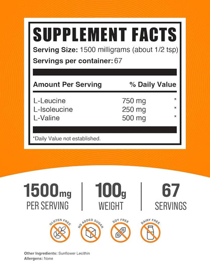BulkSupplements.com BCAA 3:1:2 Powder - BCAA Supplements, BCAA Powder, Branched Chain Amino Acids - Unflavored & Gluten Free, 1500mg per Serving, 100g (3.5 oz) (Pack of 1)