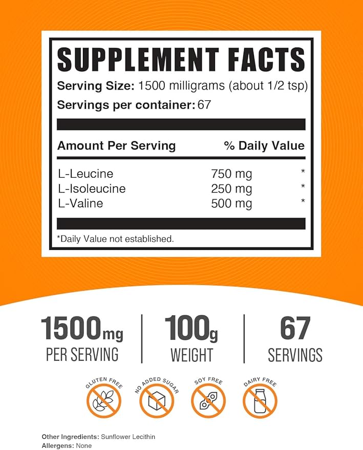 BulkSupplements.com BCAA 3:1:2 Powder - BCAA Supplements, BCAA Powder, Branched Chain Amino Acids - Unflavored & Gluten Free, 1500mg per Serving, 100g (3.5 oz) (Pack of 1)