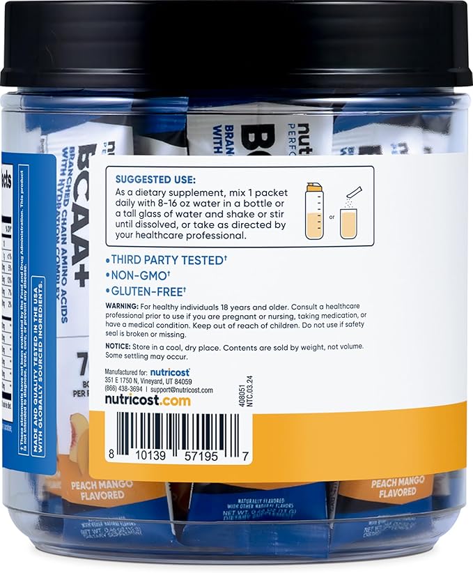 Nutricost BCAA+ Hydration Peach Mango Flavor (20 Stickpacks) - Branched Chain Amino Acids with Hydration Complex - Gluten-Free, Non-GMO