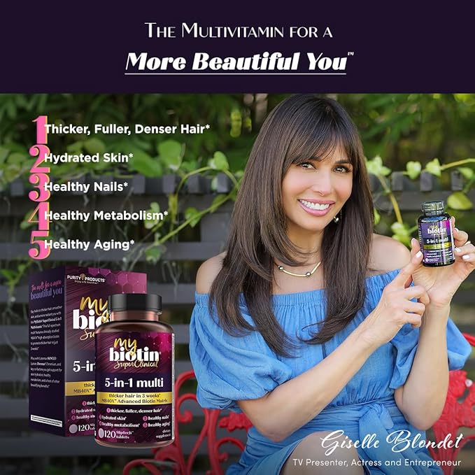 Purity Products MyBiotin SuperClinical New 5-in-1 Elite Multivitamin + MB40X Biotin Matrix Daily Multi - Thicker Hair Starting in 3 Weeks - 40X More Soluble vs Ordinary Hair Skin Nails - 120 Tabs