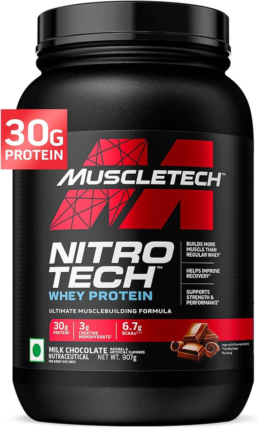 Muscletech Whey Protein Powder (Milk Chocolate, 2.2 Pound) - Nitro-Tech Muscle Building Formula with Whey Protein Isolate & Peptides - 30g of Protein, 3g of Creatine & 6.6g of BCAA