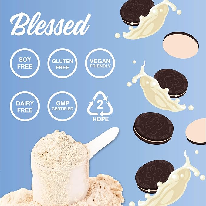 Blessed Vegan Protein Powder - Plant Based Protein Powder Meal Replacement Protein Shake, 23g of Pea Protein Powder, Dairy Free, Gluten Free, Soy Free, No Sugar Added, 30 Servings (Cookies & Cream)
