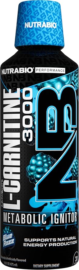 NutraBio – L-Carnitine Liquid Shots – 3000mg, (Blue Razz) – 10mg of Vitamin B-5 – Zero Carbs & Sugars – Energy Production – Muscle Recovery