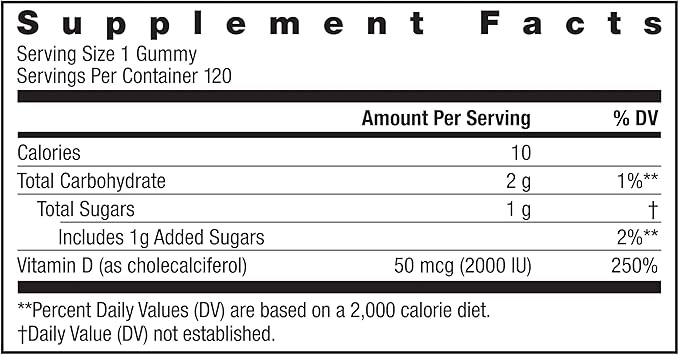 Rainbow Light Vitamin D Gummies, High Potency Vitamin D3 2,000IU Immune Health Support, Helps Support Strong Bones & Teeth, Gluten Free, Vegan, Peach, 120 Gummies