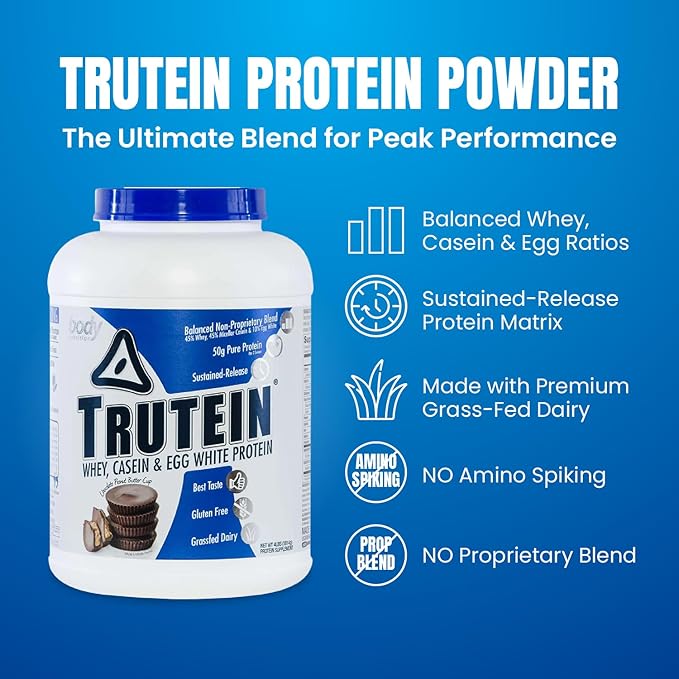 Body Nutrition Trutein High Protein Powder: 45% Whey, 45% Casein, 10% Egg White Protein Shake Mix, Gluten-Free, Low Sodium, Low Carb Protein Supplement for Men & Women, Chocolate Peanut Butter, 4lb