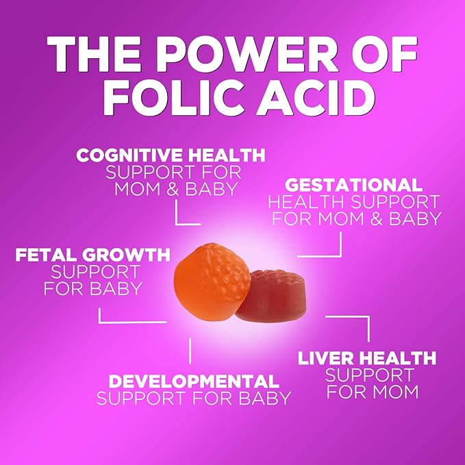 Folic Acid Gummies for Women 785 mcg, Essential Prenatal Vitamins for Mom & Baby, Vegan Folic Supplement Gummy, Vitamin B9 Chewable Extra Strength Folate, Before During After Pregnancy - 60 Gummies