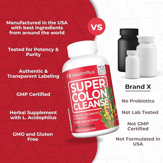 Health Plus Super Colon Cleanse 10 Day Gentle Gut Cleanse Detox, Psyllium Husk, Probiotics for Constipation Relief & Digestive Support, 240 Capsules
