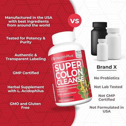 Health Plus Super Colon Cleanse 10 Day Gentle Gut Cleanse Detox, Psyllium Husk, Probiotics for Constipation Relief & Digestive Support, 240 Capsules