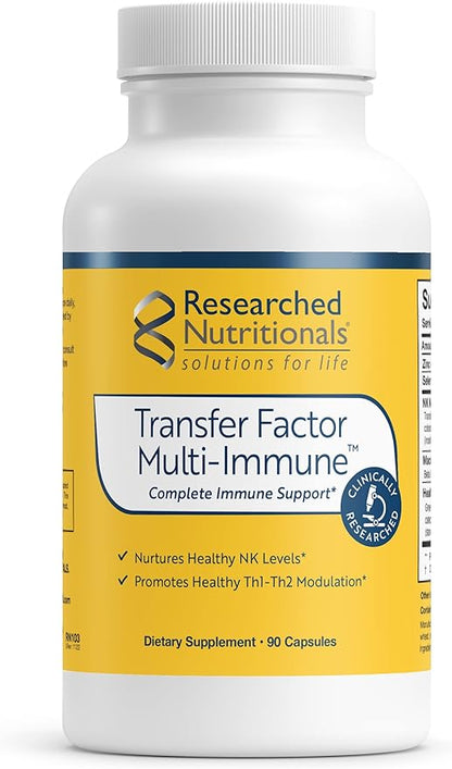 Researched Nutritionals Transfer Factor Multi-Immune - Complete Immune Support with Zinc, Beta Glucan, Mushrooms Supplement & Colostrum Capsules - Backed by Peer Reviewed Clinical Research (90 Count)