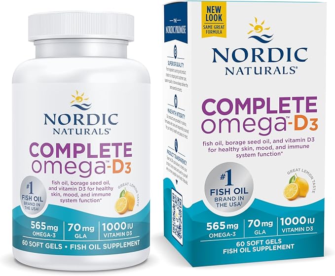 Nordic Naturals Complete Omega-D3, Lemon Flavor - 565 mg Omega-3 + 70 mg GLA + 1000 IU Vitamin D3-60 Soft Gels - EPA & DHA - Healthy Skin & Joints, Cognition, Positive Mood - Non-GMO - 30 Servings