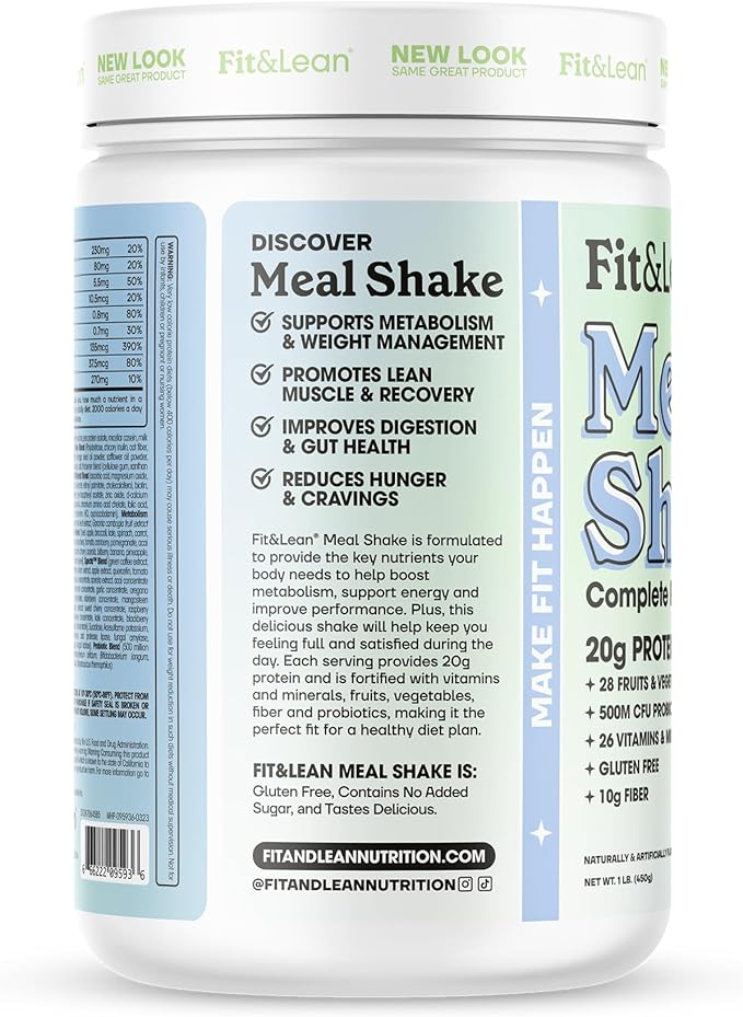 Fit & Lean Meal Shake, Fat Burning Meal Replacement, Protein, Fiber, Probiotics, Vanilla, 1lb, 10 Servings Per Container