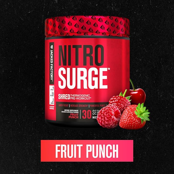 Jacked Factory NITROSURGE Shred Pre Workout Supplement - Energy Booster, Instant Strength Gains, Sharp Focus, Powerful Pumps - Nitric Oxide Booster & PreWorkout Powder - 30Sv, Fruit Punch