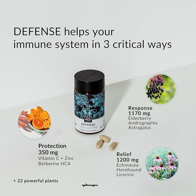 PALO Defense Wellness Formula Vitamins & Herbal Blend - Immune System Support Supplement - with Elderberry, Vitamin C, Zinc, Echinacea, Astragalus, Andrographis— 90 Tabs