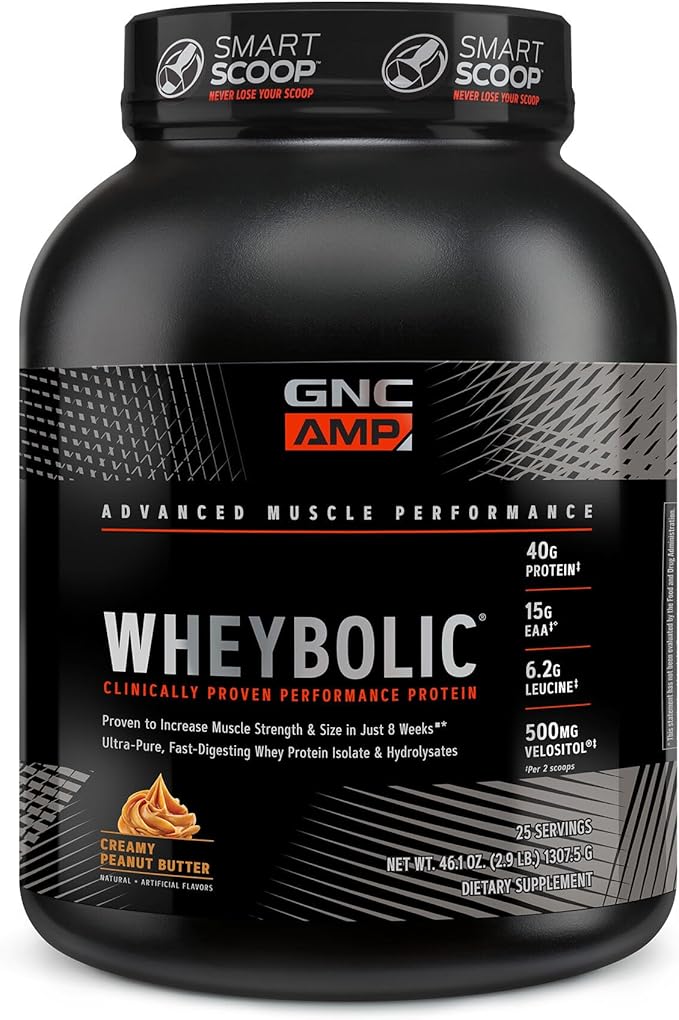 GNC AMP Wheybolic | Targeted Muscle Building and Workout Support Formula | Pure Whey Protein Powder Isolate with BCAA | Gluten Free | 25 Servings | Creamy Peanut Butter