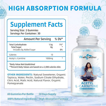 Acetyl L-Carnitine Gummies 1000 MG - Sugar Free L-Carnitine Supplement for Muscular Endurance, Brain Health, Energy Metabolism - Vegan Non-GMO - Blueberry Flavoured - 60 Counts