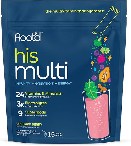 Root'd Multivitamin Powder for Men - 24 Vitamins & Minerals with 3X Electrolytes, 9 Organic Superfoods, Probiotics & Enzymes, Sugar-Free Multivitamin & Hydration | 15 Vitamin Drink Mix Packets