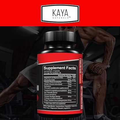 Kaya Naturals UltraTest- Men's T Booster with Tongkat Ali, Horny Goat Weed, Tribulus - Natural Workout Supplement for Energy, Stamina, and Strength Booster - 180 Count