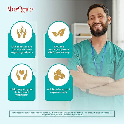 MaryRuth Organics Nutritional Supplement Capsule, N-Acetyl Cysteine, 2 Month Supply, NAC 1000mg Per Serving, Vegan, Non-GMO, Gluten Free, 120 Count