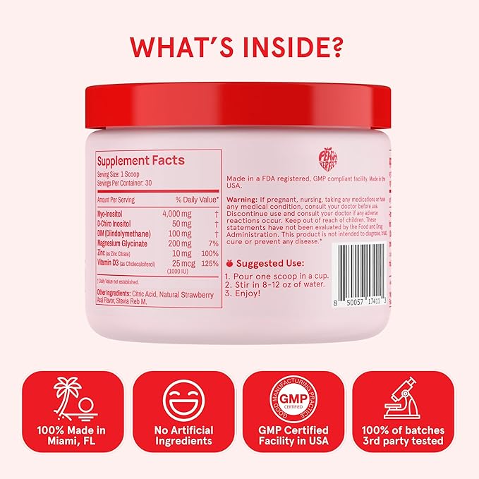 Inositol Powder Multivitamin, Strawberry Acai Flavor – 4g Myo-Inositol & D-Chiro Inositol, DIM, Zinc, Magnesium Glycinate, Vitamin D3 – Supports Women’s Health, Cycle, Energy, 30 SVG
