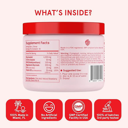 Inositol Powder Multivitamin, Strawberry Acai Flavor – 4g Myo-Inositol & D-Chiro Inositol, DIM, Zinc, Magnesium Glycinate, Vitamin D3 – Supports Women’s Health, Cycle, Energy, 30 SVG
