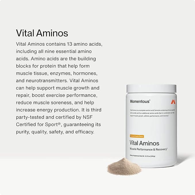 Momentous Vital Aminos Powder Supplement - BCAA & EAA, Tropical Punch - NSF Certified, GMO-Free, Gluten Free, 30 Servings (Package May Vary)