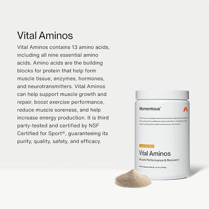 Momentous Vital Aminos Powder Supplement - BCAA & EAA, Tropical Punch - NSF Certified, GMO-Free, Gluten Free, 30 Servings (Package May Vary)