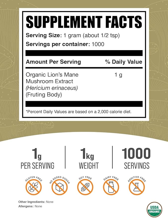 BulkSupplements.com Organic Lion's Mane Mushroom Extract Powder - Lions Mane Supplement Powder, Lion's Mane Extract - Mushroom Supplement, 1000mg per Serving, 1kg (2.2 lbs) (Pack of 1)
