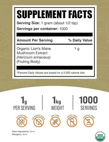 BulkSupplements.com Organic Lion's Mane Mushroom Extract Powder - Lions Mane Supplement Powder, Lion's Mane Extract - Mushroom Supplement, 1000mg per Serving, 1kg (2.2 lbs) (Pack of 1)