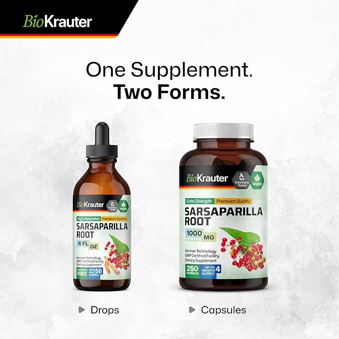 BIO KRAUTER Sarsaparilla Root Capsules - 1000 mg Pure Sarsaparilla Extract Capsules - 250 Vegan Sarsaparilla Root Powder Caps - Sarsaparilla Herb Supplement