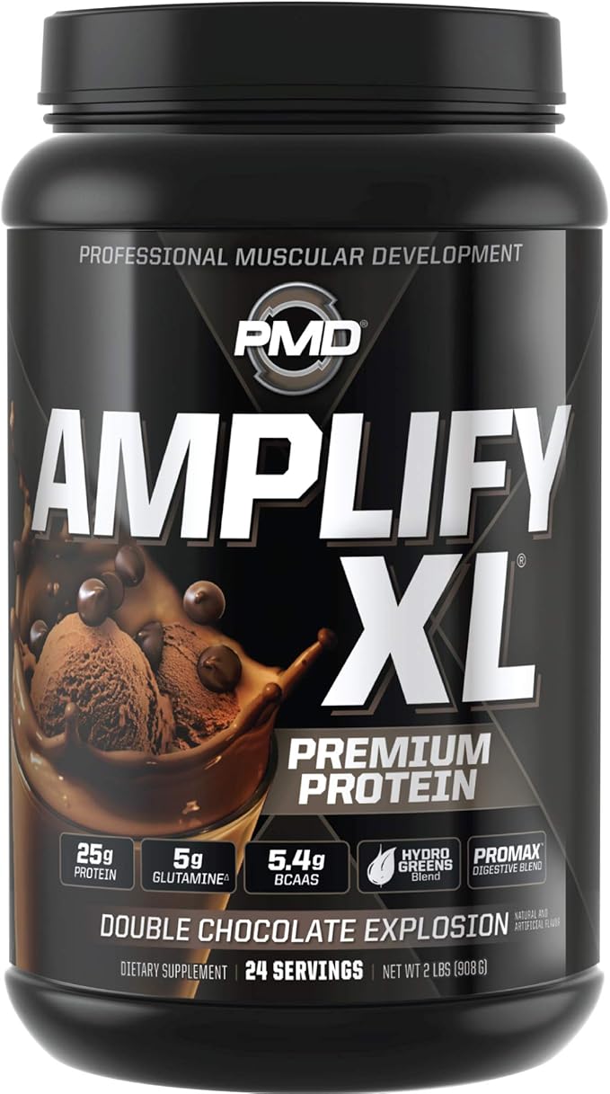 PMD Sports Amplify XL Premium Whey Protein Supplement Hydro Greens Blend - Glutamine and Whey Protein Matrix with Superfood for Muscle, Strength and Recovery - Double Chocolate Explosion (24 Servings)