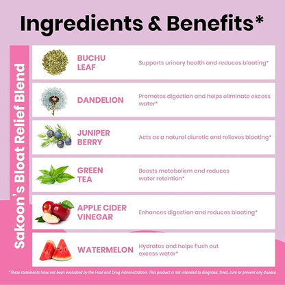Sakoon nutrition Bloating Relief Gummies for Women - Green Tea, ACV, Dandelion, Buchu Leaf, Natural Digestion Support, 60 Gummies, Watermelon Flavor