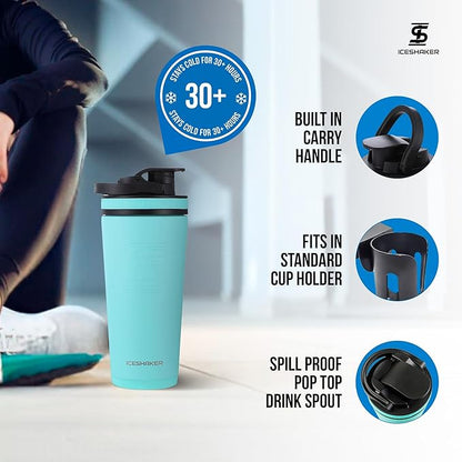 Ice Shaker Insulated Stainless Steel Shaker Bottle | 26oz, Mint | Cold for 30+ Hours | Insulated Cup with Twist-on Agitator | Odor-Free Shaker Cup for Protein Shakes, Water, Smoothies, Cocktails