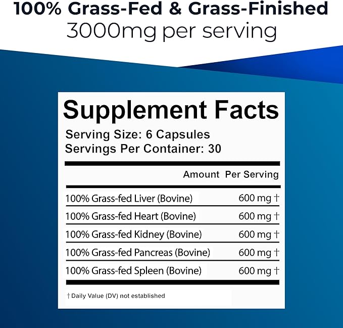 Ultimate 100% Grass Fed Beef Organs Supplement Supports Energy & Whole Body Wellness* with a Complex of Desiccated Beef Liver, Heart, Kidney, Pancreas & Spleen. Pesticide Free & Non-GMO, 180 Capsules
