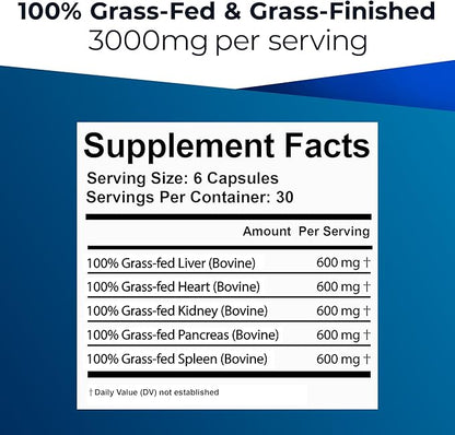Ultimate 100% Grass Fed Beef Organs Supplement Supports Energy & Whole Body Wellness* with a Complex of Desiccated Beef Liver, Heart, Kidney, Pancreas & Spleen. Pesticide Free & Non-GMO, 180 Capsules